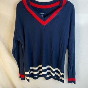 Sweater Chaps Women Sweater V Neck Pullover Long Sleeve Red, White & Blue large